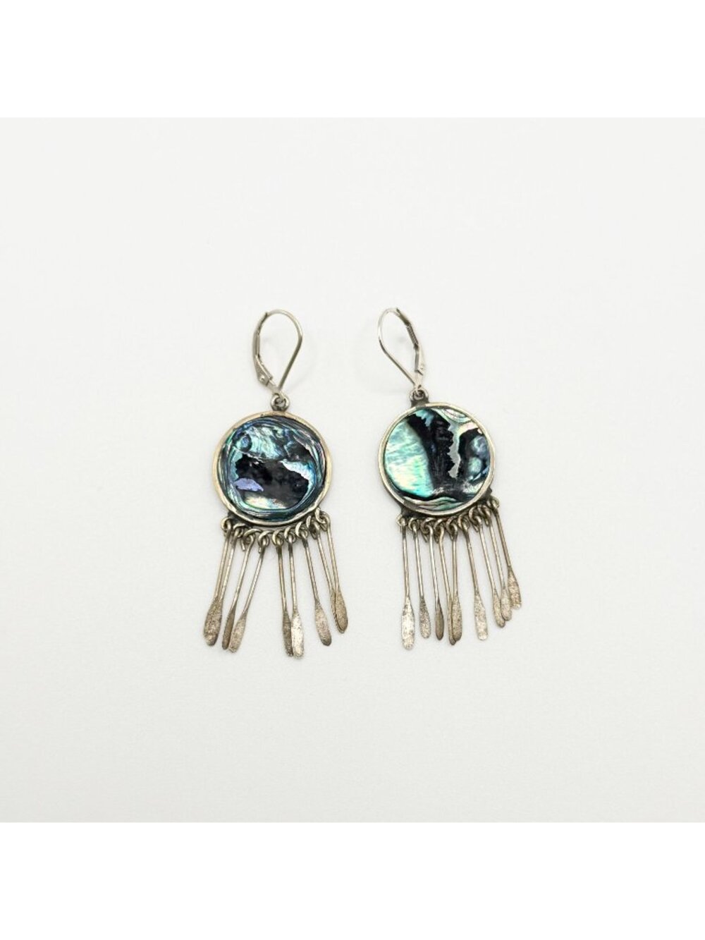 Vintage Mexico Abalone Shell Dangle Earrings With Sterling Silver Fringe Design